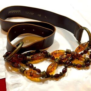 Antoniazzi Firenze BROWN Leather hook BELT 1107 AMBER copper Beads SIZE 38-42”XL
